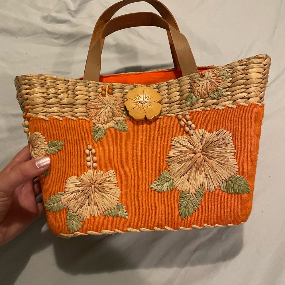 Orange Floral Woven Straw Purse - Picture 6 of 9